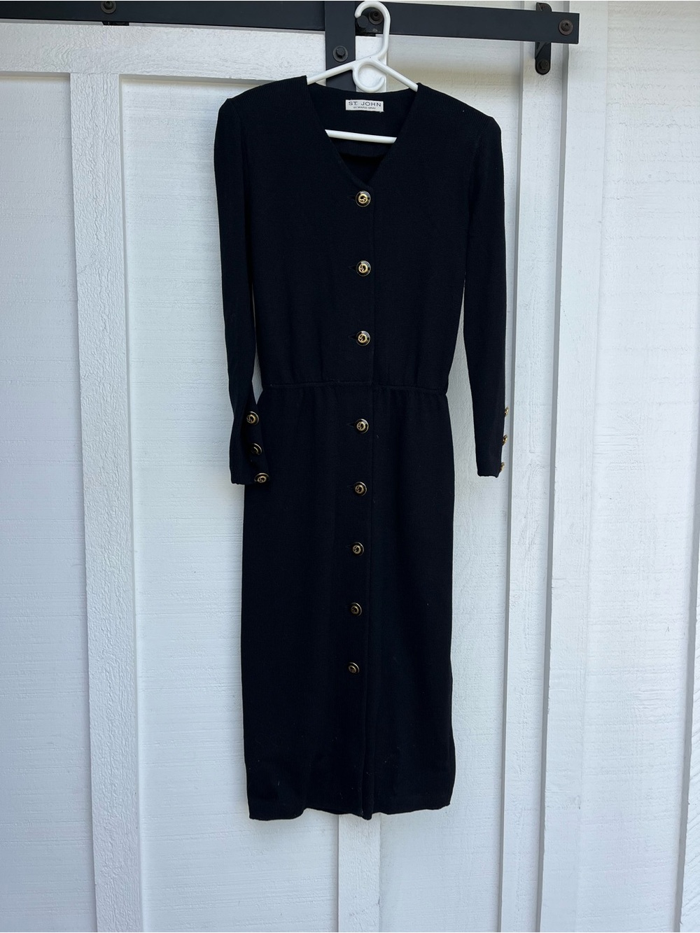 St. John Black Long Sleeve Button-Front Knit Dress with Gold Buttons